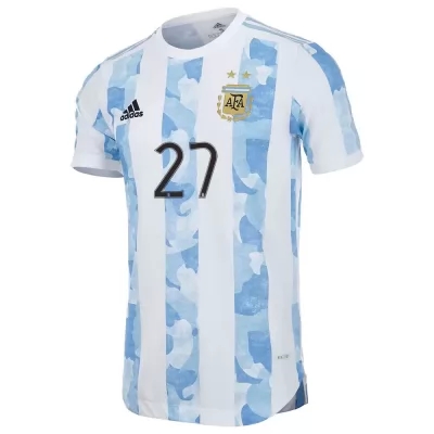 Hombre Selección De Fútbol De Argentina Camiseta Julian Alvarez #27 1ª Equipación Azul Blanco 2021 Chile