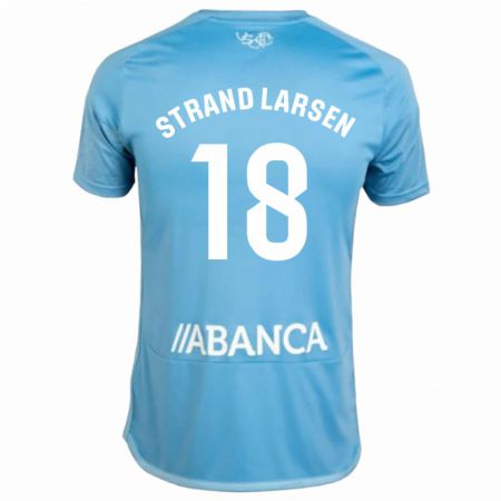 Kandiny Niño Camiseta Jørgen Strand Larsen #18 Azul 1ª Equipación 2023/24 La Camisa Chile
