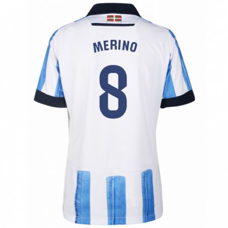 Kandiny Mujer Camiseta Mikel Merino #8 Azul Blanco 1ª Equipación 2023/24 La Camisa Chile