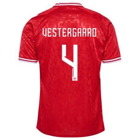 Kandiny Niño Camiseta Dinamarca Jannik Vestergaard #4 Rojo 1ª Equipación 24-26 La Camisa Chile