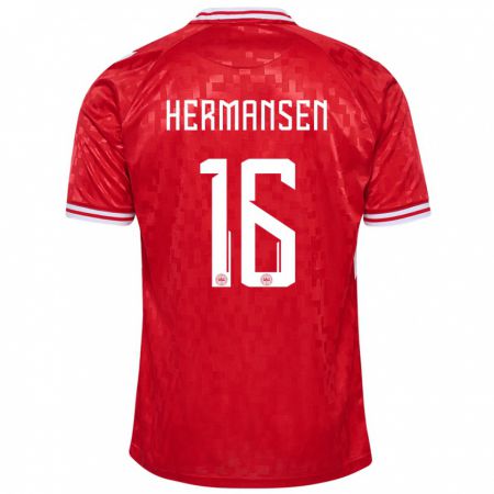 Kandiny Niño Camiseta Dinamarca Mads Hermansen #16 Rojo 1ª Equipación 24-26 La Camisa Chile