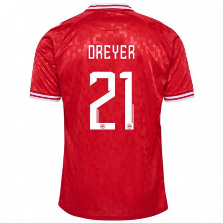 Kandiny Niño Camiseta Dinamarca Anders Dreyer #21 Rojo 1ª Equipación 24-26 La Camisa Chile