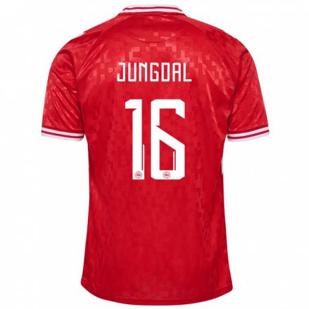 Kandiny Niño Camiseta Dinamarca Andreas Jungdal #16 Rojo 1ª Equipación 24-26 La Camisa Chile