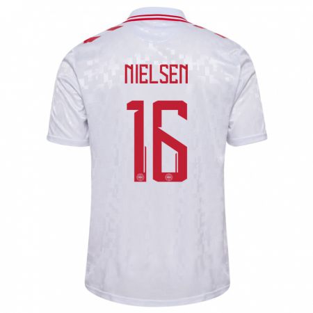 Kandiny Niño Camiseta Dinamarca Magnus Nielsen #16 Blanco 2ª Equipación 24-26 La Camisa Chile