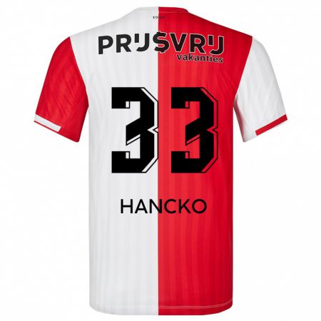 Kandiny Niño Camiseta David Hancko #33 Rojo Blanco 1ª Equipación 2023/24 La Camisa Chile