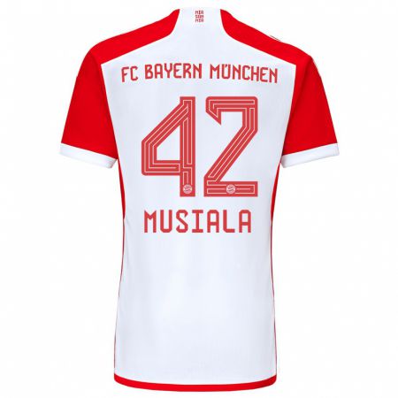 Kandiny Niño Camiseta Jamal Musiala #42 Rojo Blanco 1ª Equipación 2023/24 La Camisa Chile