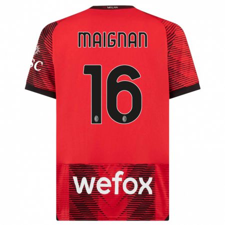 Kandiny Niño Camiseta Mike Maignan #16 Negro Rojo 1ª Equipación 2023/24 La Camisa Chile