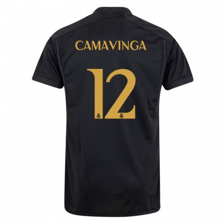 Kandiny Niño Camiseta Eduardo Camavinga #12 Negro Equipación Tercera 2023/24 La Camisa Chile