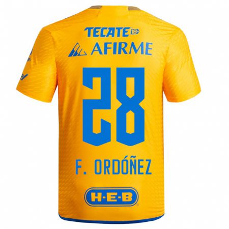 Kandiny Mujer Camiseta Fernando Ordóñez #28 Amarillo 1ª Equipación 2023/24 La Camisa Chile