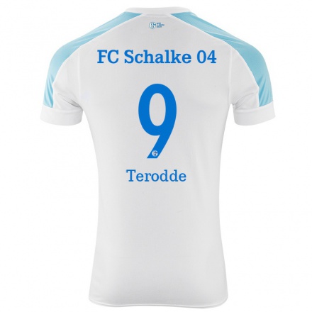 Hombre Fútbol Camiseta Simon Terodde #9 Blanco Azul 2ª Equipación 2021/22 La Camisa Chile
