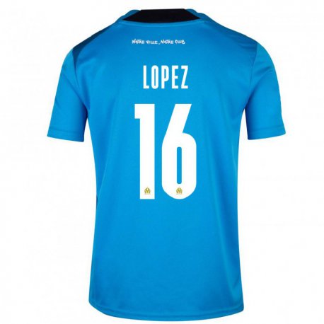 Kandiny Niño Camiseta Pau Lopez #16 Blanco Azul Oscuro Equipación Tercera 2022/23 La Camisa Chile